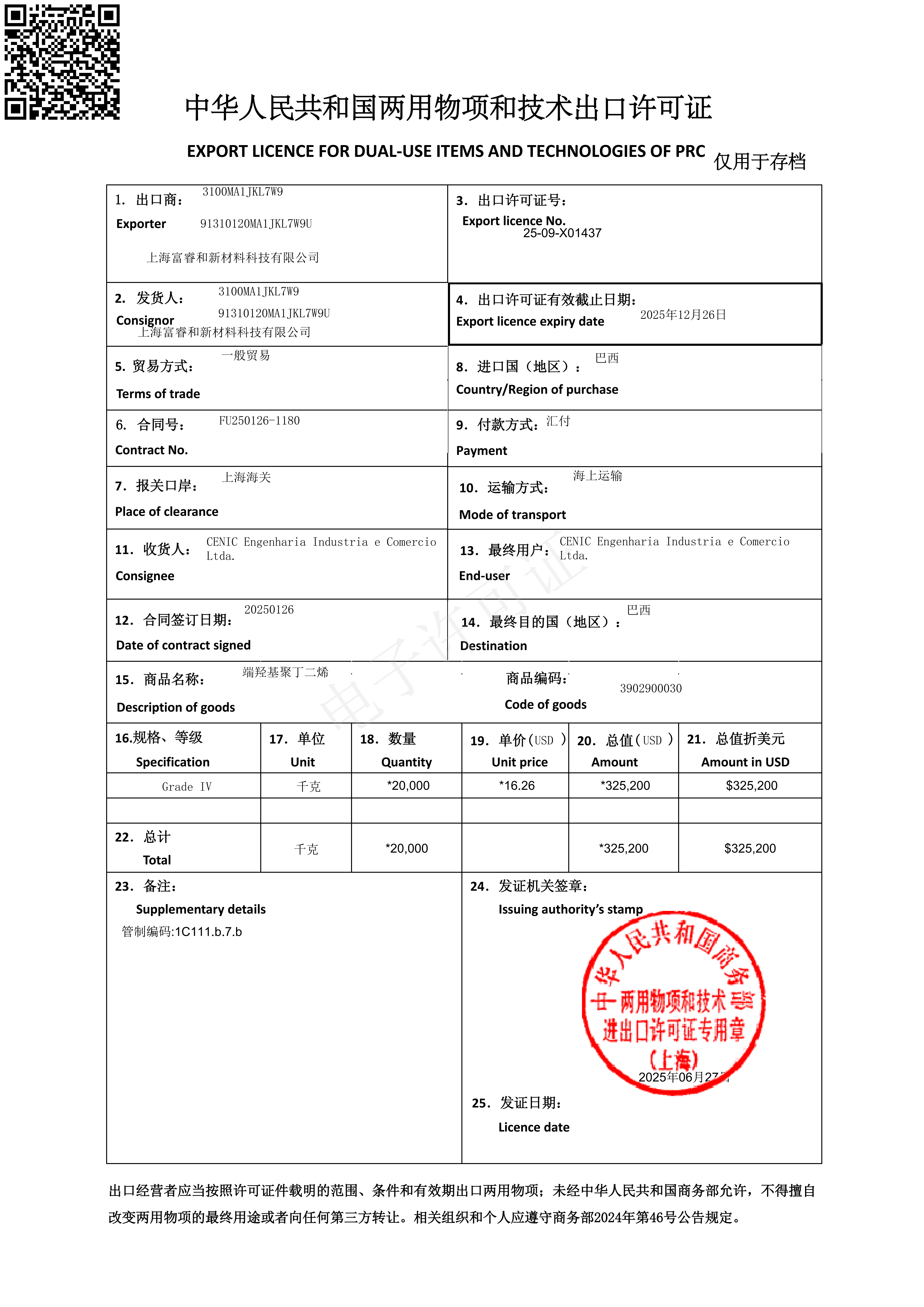 Export License for HTPB (Hydroxyl-Terminated Polybutadiene)