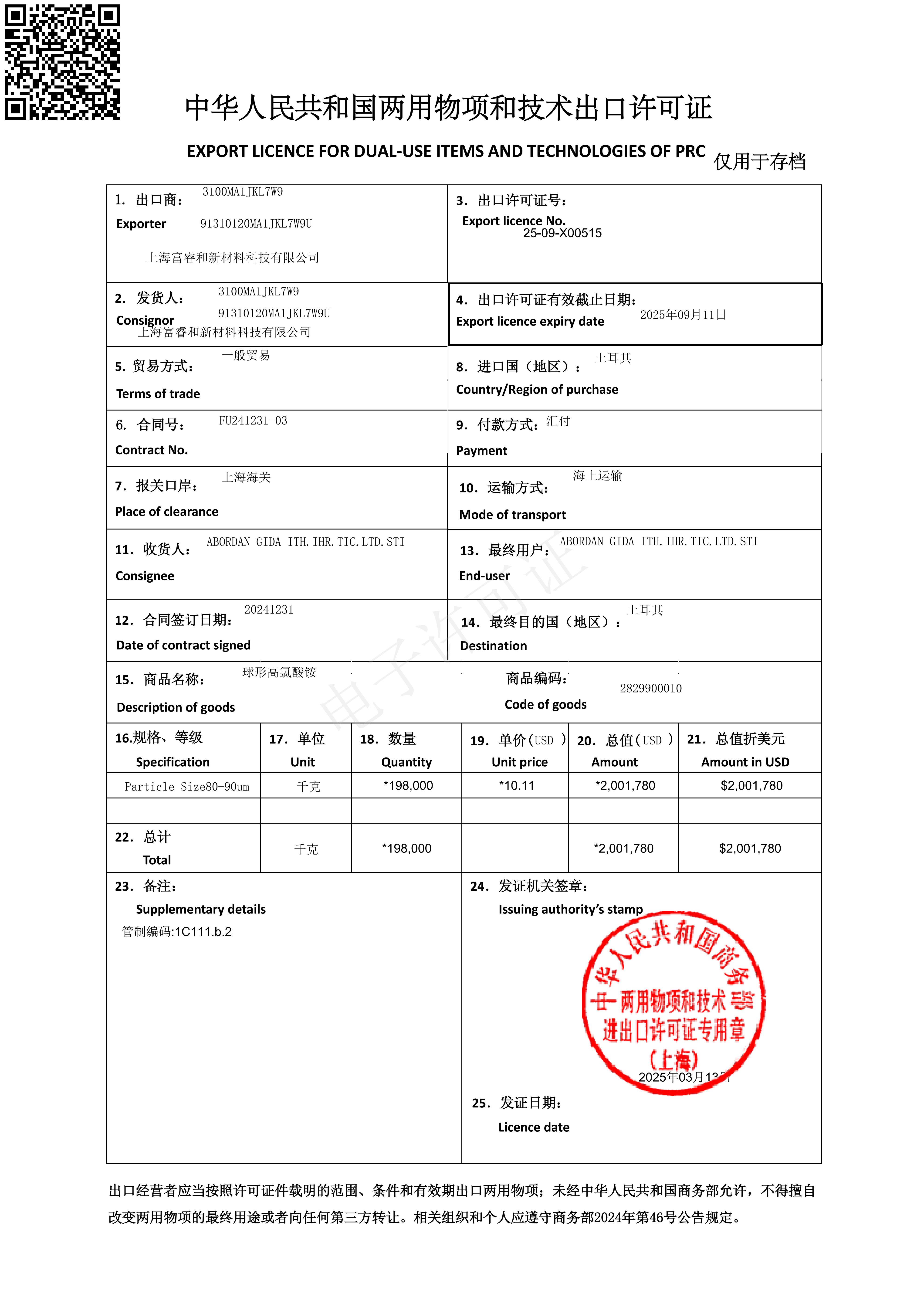Export License for AP (Ammonium Perchlorate)